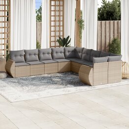 10-delige Loungeset met kussens poly rattan beige