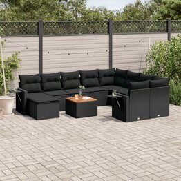 11-delige Loungeset met kussens poly rattan zwart