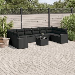 11-delige Loungeset met kussens poly rattan zwart