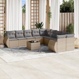11-delige Tuinset met kussens poly rattan beige