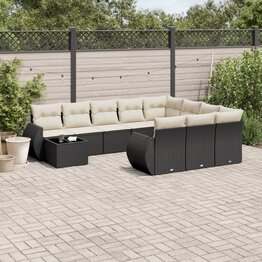 11-delige Loungeset met kussens poly rattan zwart
