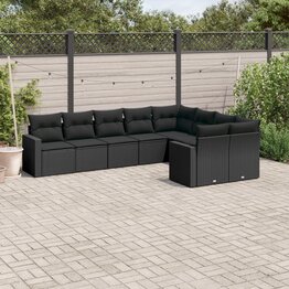 9-delige Loungeset met kussens poly rattan zwart
