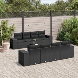 9-delige Loungeset met kussens poly rattan zwart