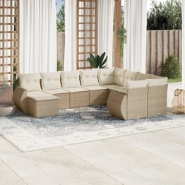 10-delige Loungeset met kussens poly rattan beige