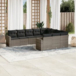 10-delige Loungeset met kussens poly rattan grijs