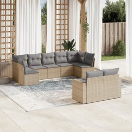 9-delige Loungeset met kussens poly rattan beige