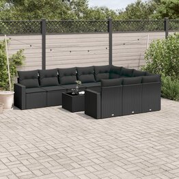 11-delige Loungeset met kussens poly rattan zwart