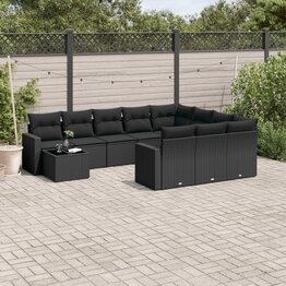 11-delige Loungeset met kussens poly rattan zwart