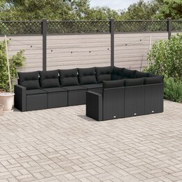 10-delige Loungeset met kussens poly rattan zwart