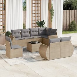 9-delige Loungeset met kussens poly rattan beige