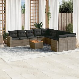 11-delige Loungeset met kussens poly rattan grijs