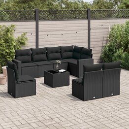 9-delige Loungeset met kussens poly rattan zwart